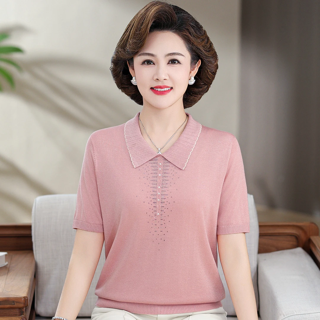 妈妈装夏装洋气冰丝短袖T恤中年女士薄款针织小衫中老年气质上衣