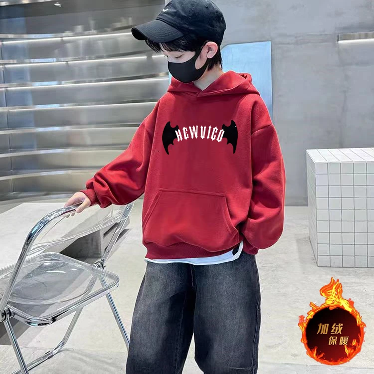 男童加绒卫衣连帽秋冬款2024新款儿童红色加厚冬装中大童冬季洋气