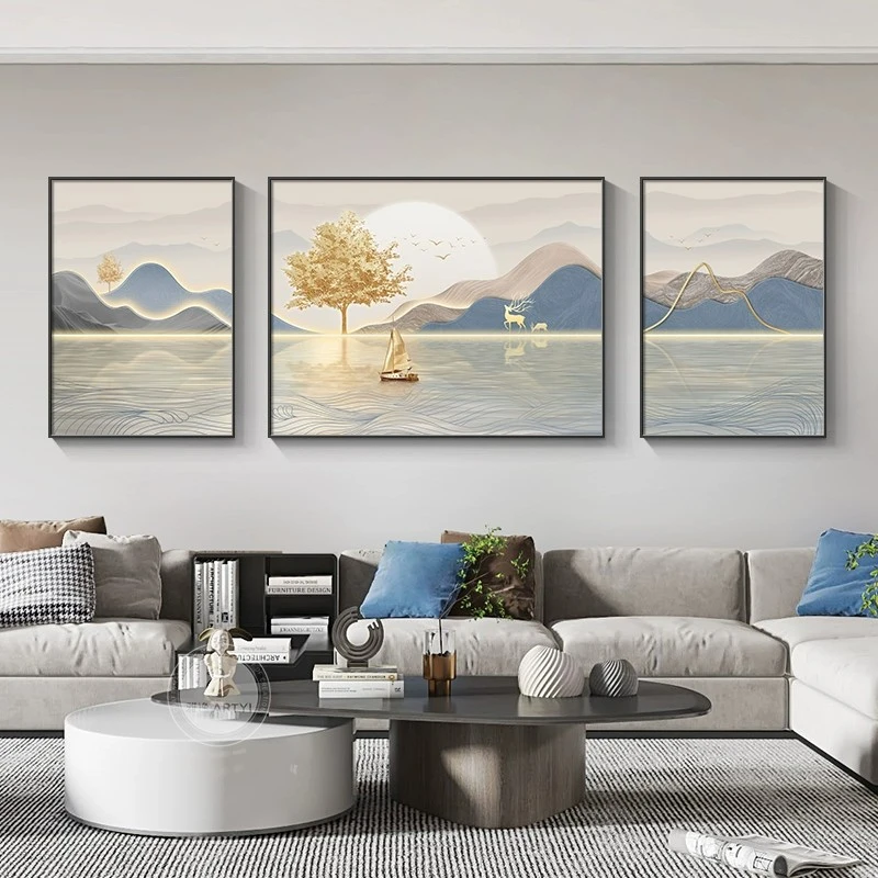 现代轻奢客厅装饰画大白墙客厅挂画山水画背景墙一帆风顺三联壁画