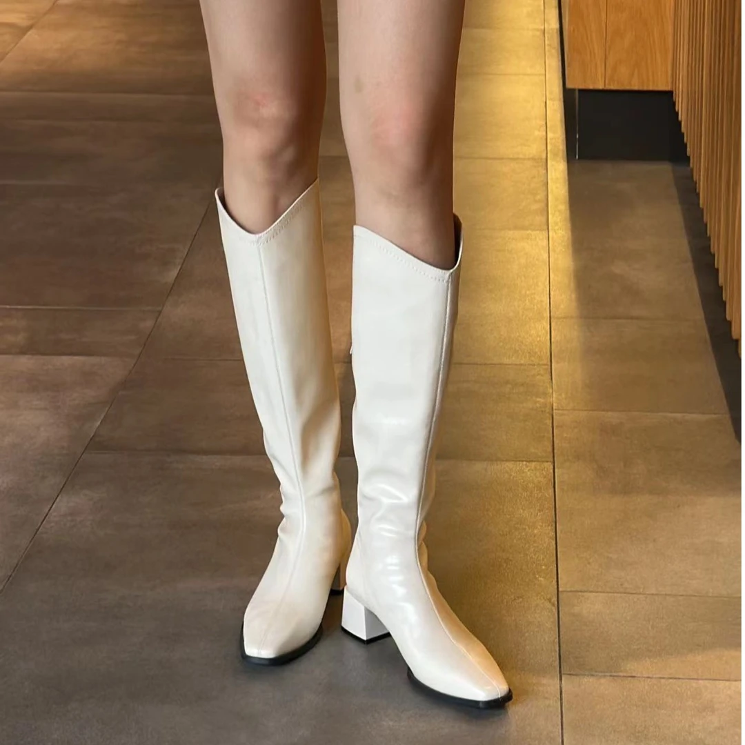 【百搭系列】5cm粗跟加绒时装高靴 纯色方头粗跟不过膝长筒靴 558-6