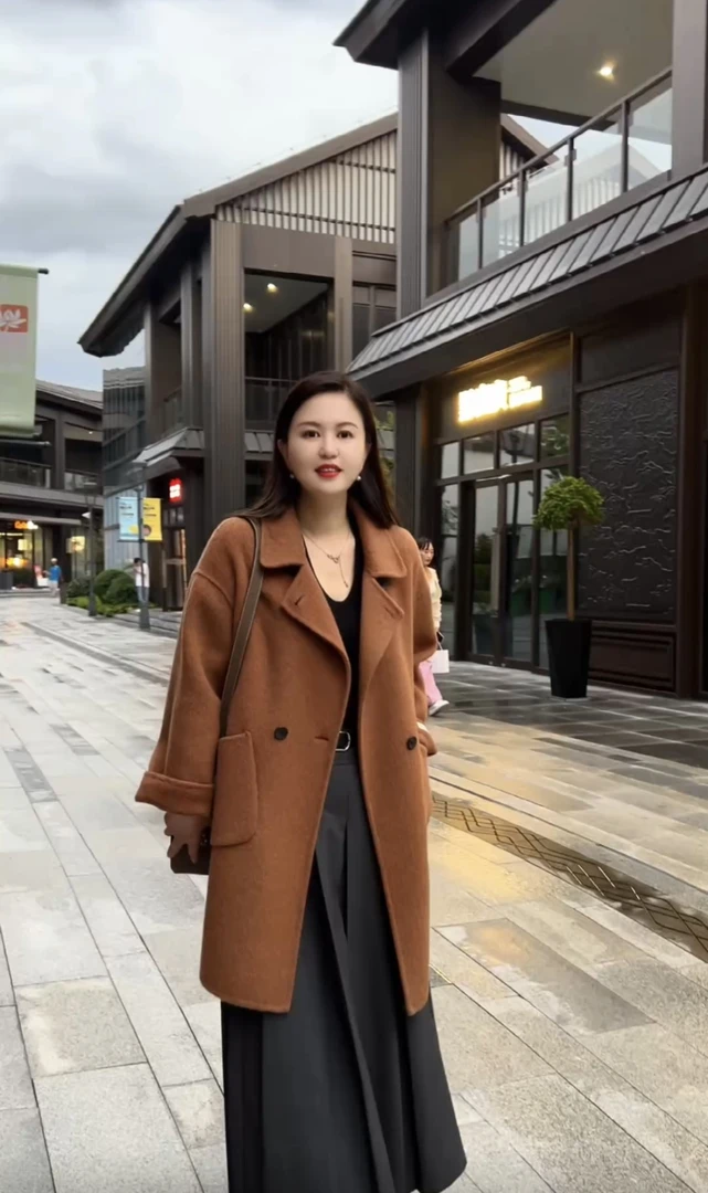 蓉姐姐-2024秋冬新款骆驼绒翻领宽松中长款双面羊毛大衣29159