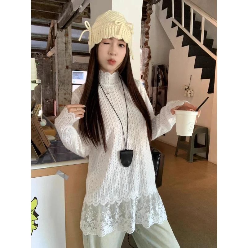 温柔甜妹风蕾丝长袖半高领T恤女装秋季宽松显瘦白色上衣