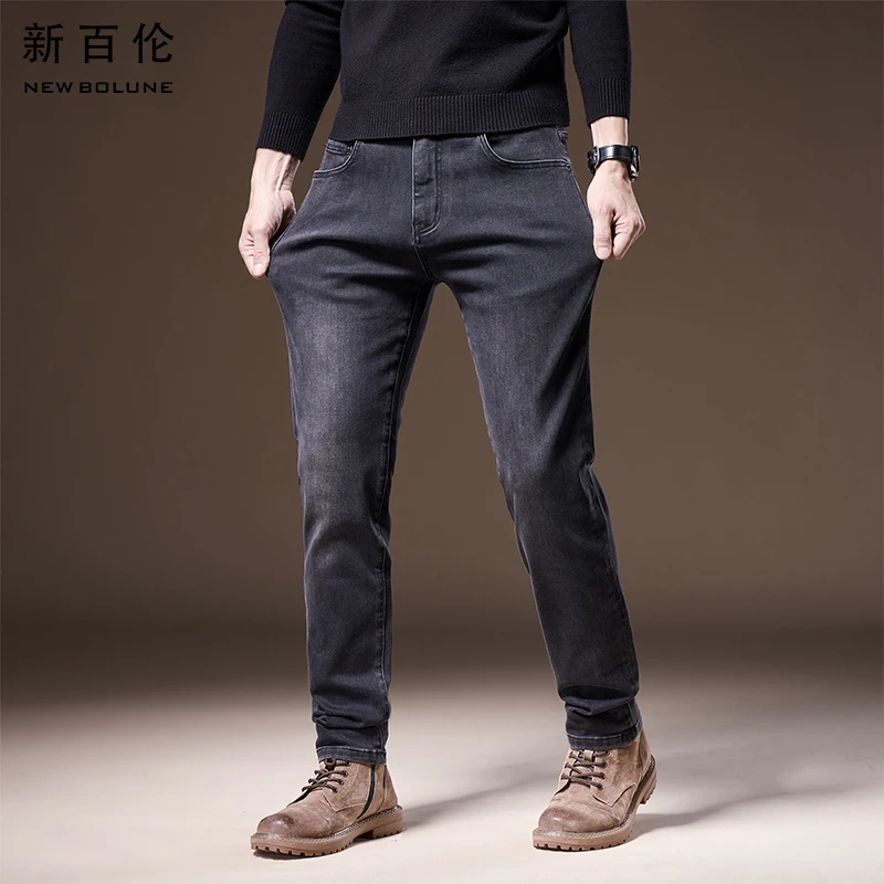 新百伦黑色牛仔裤男士2025春夏新款百搭弹力直筒修身男款轻奢长裤