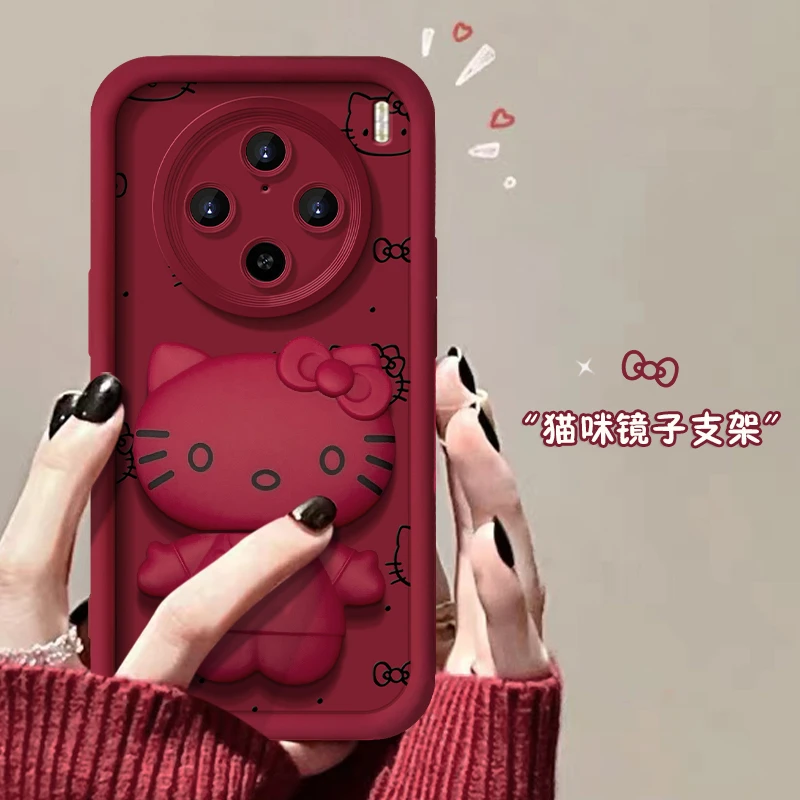 vivo X100/100 pro 猫咪支架天眼阶梯女新款手机壳可爱卡通酒红