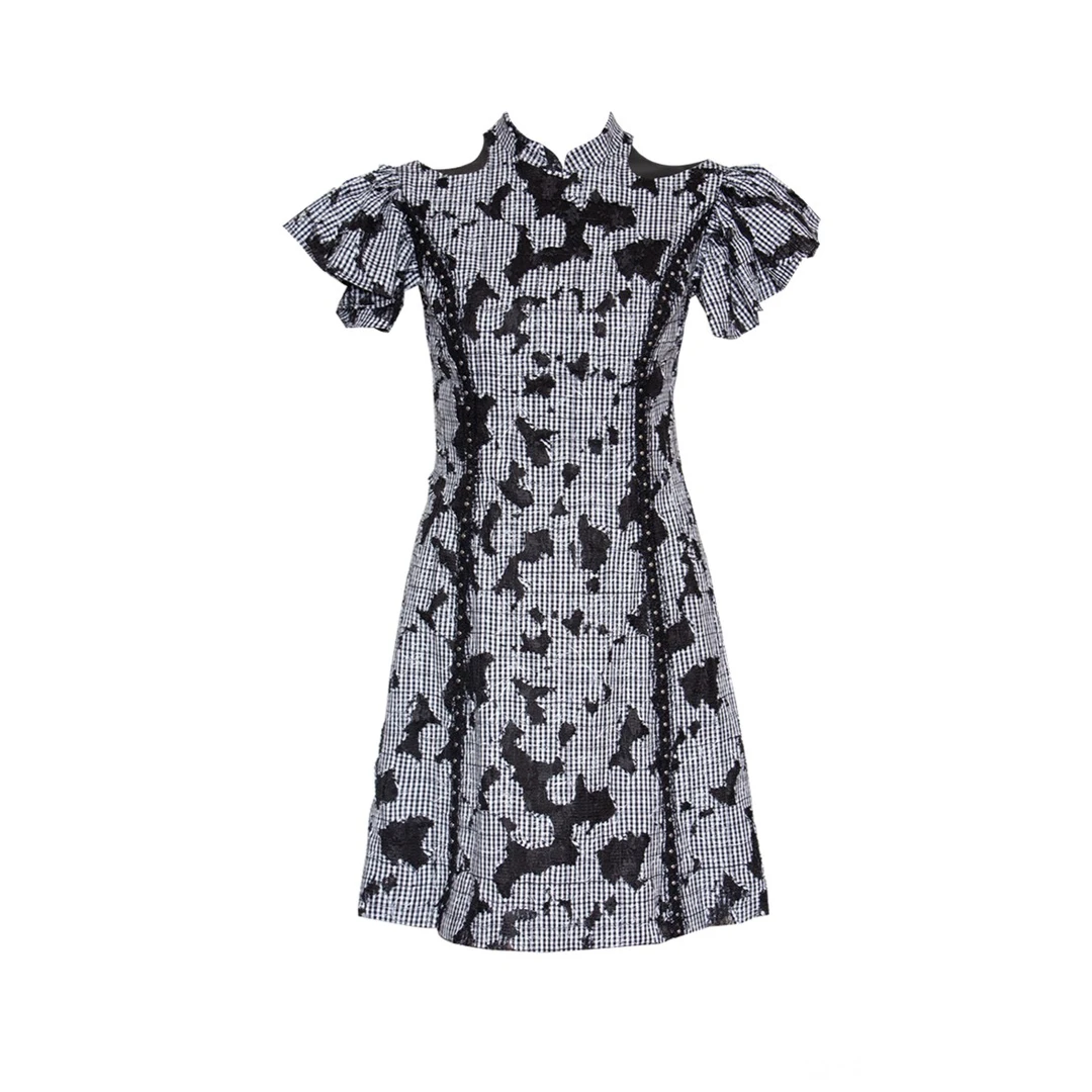 chicco mao 烧花千鸟格镂空旗袍裙C242-2334-335