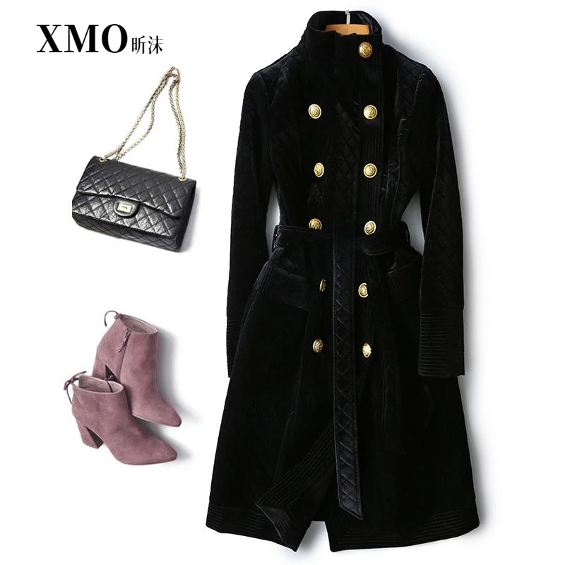 立领中长款金丝绒大衣双排扣系带收腰黑色加棉外套中长款气质女装
