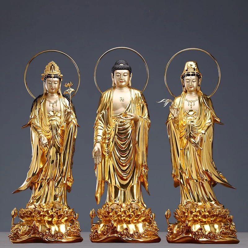 铜贴金观世音阿弥大势至西方三圣像带背光家居观音菩萨神像