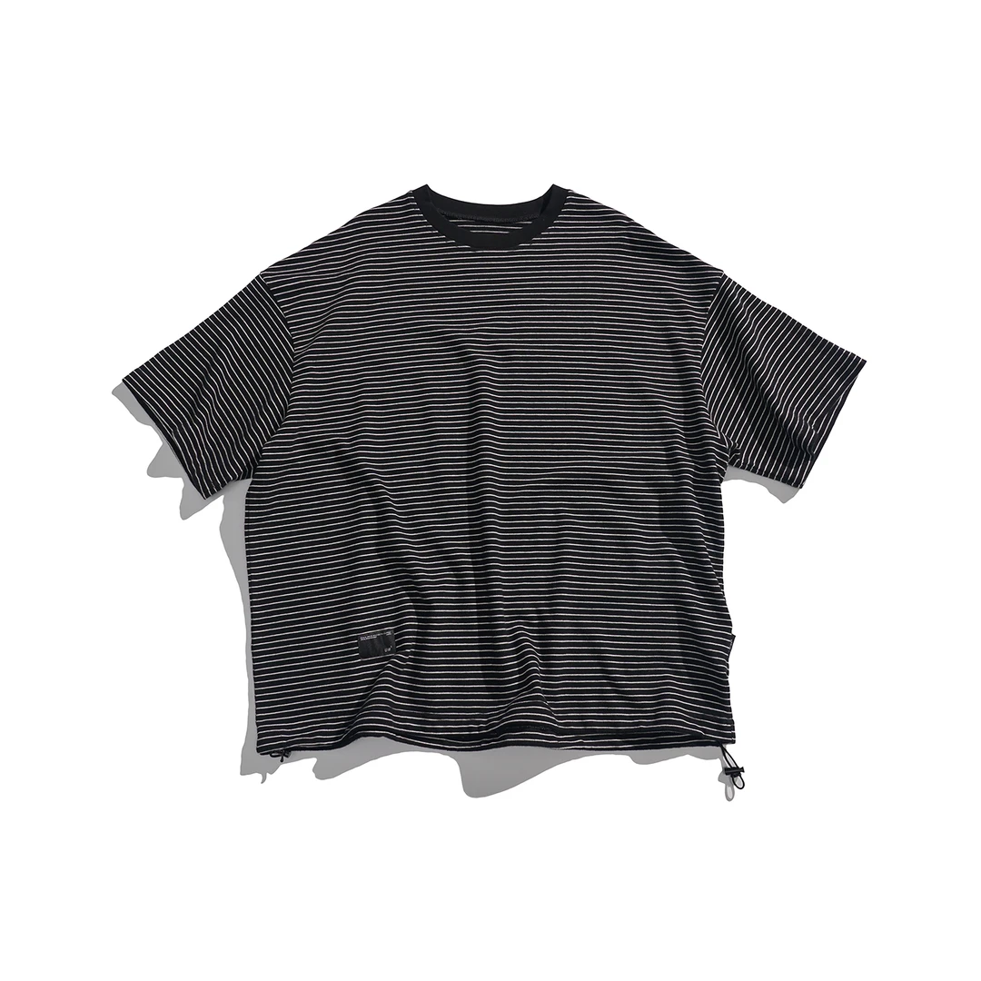 【双11】 细条纹豆腐块 巨宽胸围 下摆牛津抽绳 阔版短T