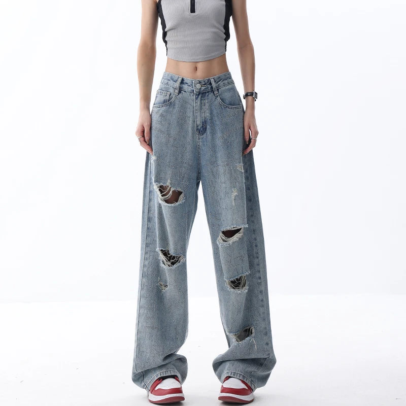 KEN STUDIO烫钻破洞牛仔裤女夏季设计感超柔洗水重工直筒拖地裤子