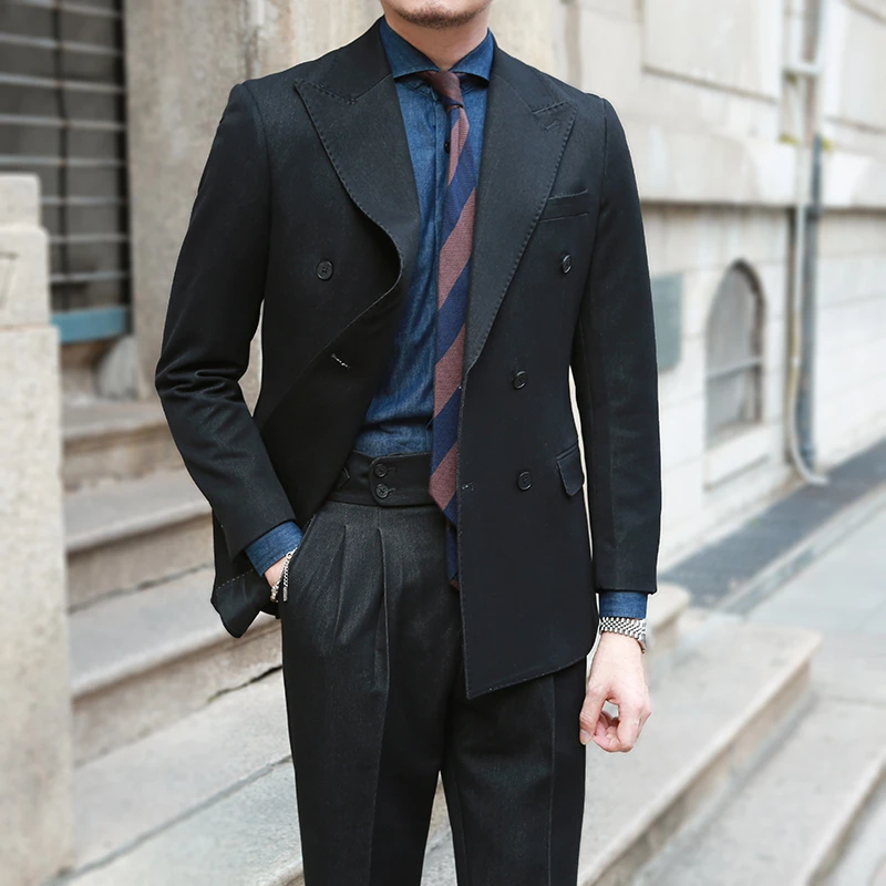 休闲意式那不勒斯戗驳领双排扣西服男时尚潮流绅士黑色商务西装潮