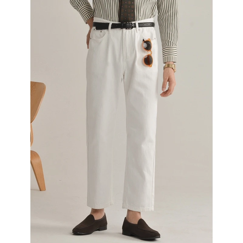 界莫春夏简约水洗中腰直筒白色牛仔裤男意式复古斜纹经典百搭裤子