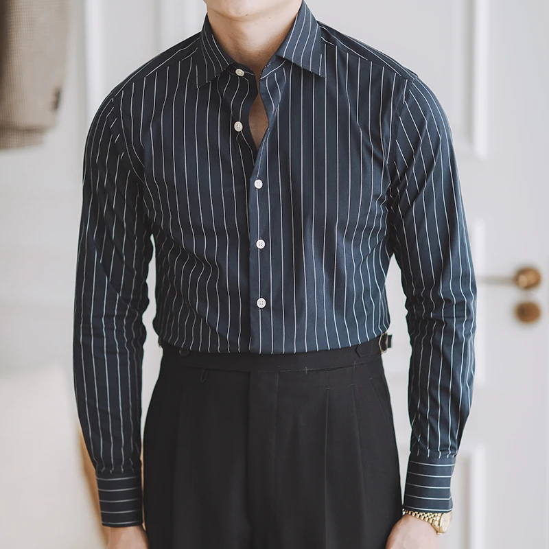 休闲蓝条衬衫男商务百搭免烫那不勒斯意式八字领长袖绅士时尚衬衣