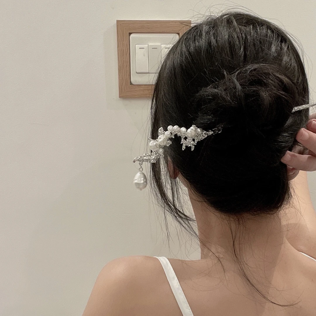 新中式银色熔岩发簪女新中式渐变绿流苏簪子盘发发钗发饰吊坠