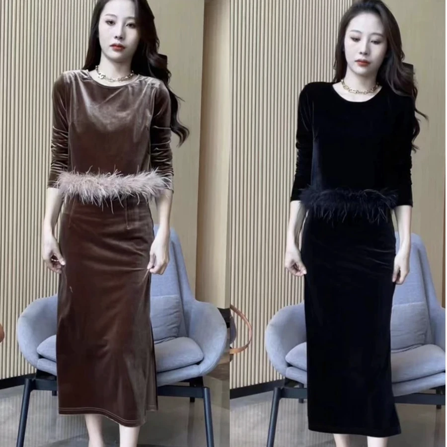 20233秋季新款高级感时尚套装丝绒拼接毛边上衣高腰半身裙两件套