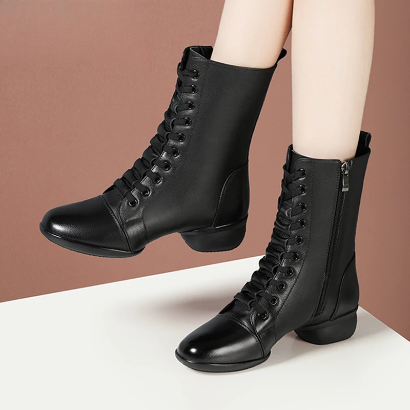 皮鞋女冬季短靴真皮软底百搭舒适中跟粗跟加绒中筒时尚广场舞蹈靴