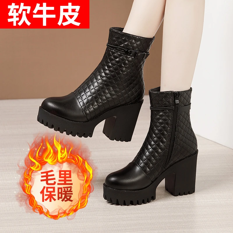 真皮马丁靴冬季复古百搭保暖高跟鞋中筒防水台厚底英伦风舒适加绒