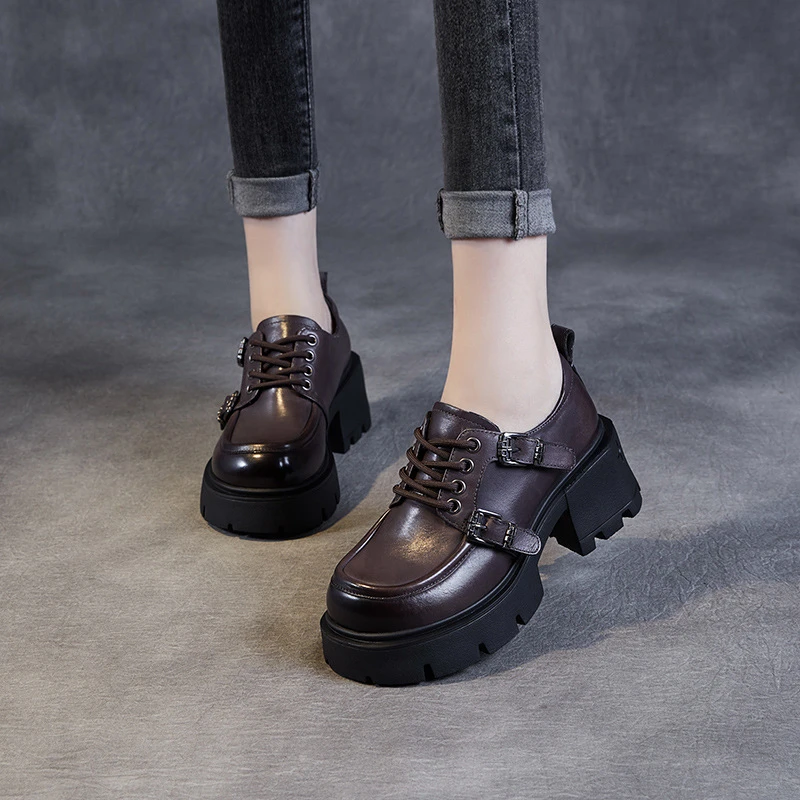 真皮带扣系带厚底粗跟jk乐福鞋秋季系带百搭黑色高跟英伦小皮鞋女