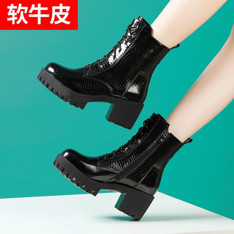 真皮加绒马丁靴秋冬防水厚底透气中筒网靴英伦风百搭高跟粗跟短靴