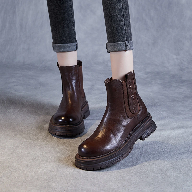 头层牛皮时尚马丁靴女秋冬圆头厚底切尔西短靴百搭英伦风烟筒单靴