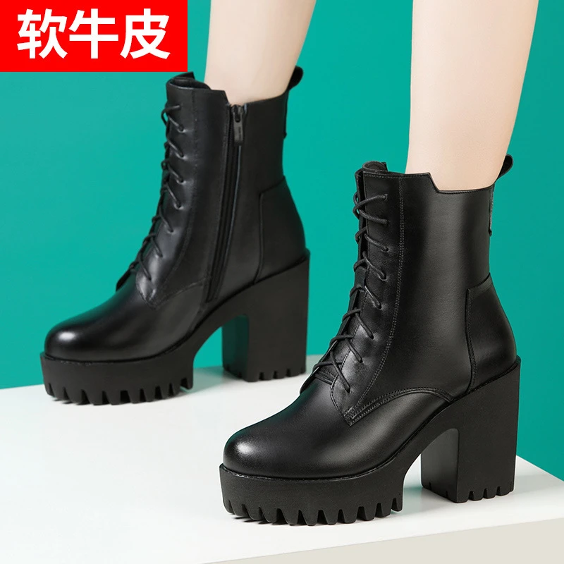 真皮粗跟短靴女冬季百搭英伦风加绒马丁靴厚底中跟圆头防水中筒靴