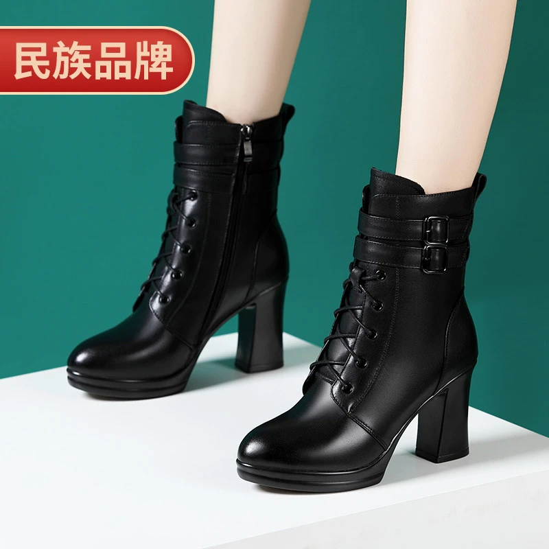 真皮小短靴英伦风走秀高跟粗跟女士秋冬通勤百搭厚底时尚防水加绒