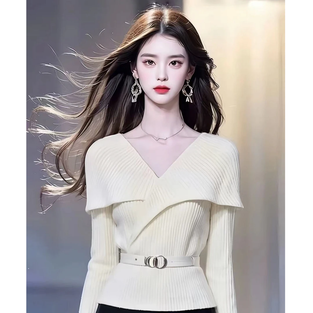 2024早秋季新款女装白色V领披肩收腰设计感毛衣针织衫不撞款上衣