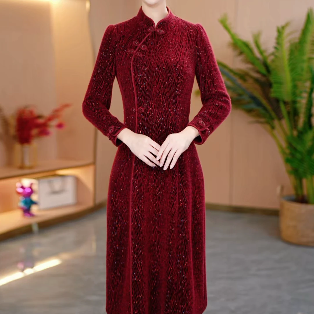 【宸紫女装】X24172秋冬穿搭旗袍连衣裙新款精致女人收腰中长款显瘦