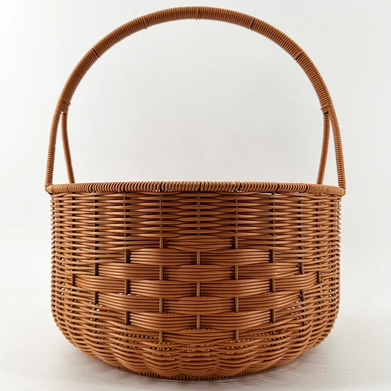 K15棕色圆形单提手野餐篮郊游野餐篮纯手工编织35*18