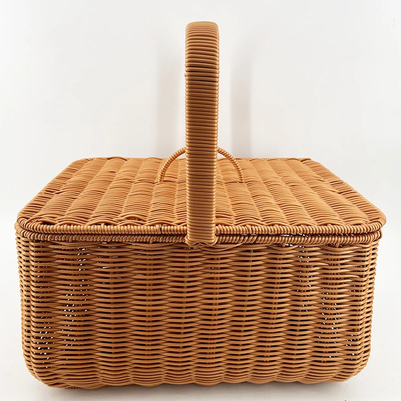 B13棕色长方形单提手郊游野餐带盖篮（可拆卸)40*30*20