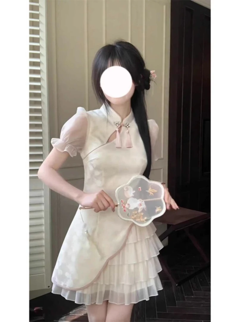 新中式轻国风改良旗袍短袖连衣裙2025夏季新款小个子收腰短款裙子