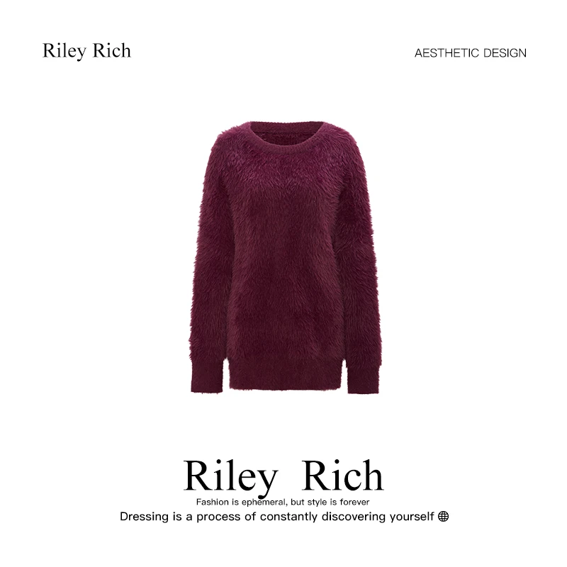 Riley Rich秋冬新款水貂绒长款圆领长袖慵懒宽松毛衣