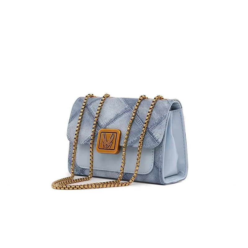 时尚简约链条单肩包法式轻奢斜跨包单肩包小众潮流牛仔色