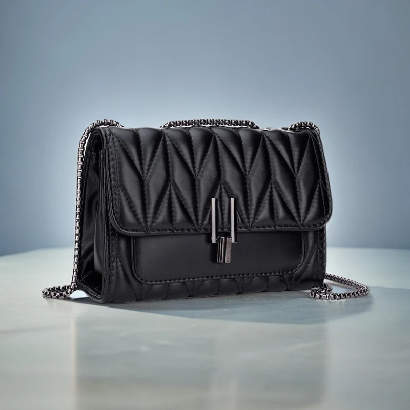 百搭小香风时尚小包包褶皱腋下夏季黑色小众纯色菱格2088黑