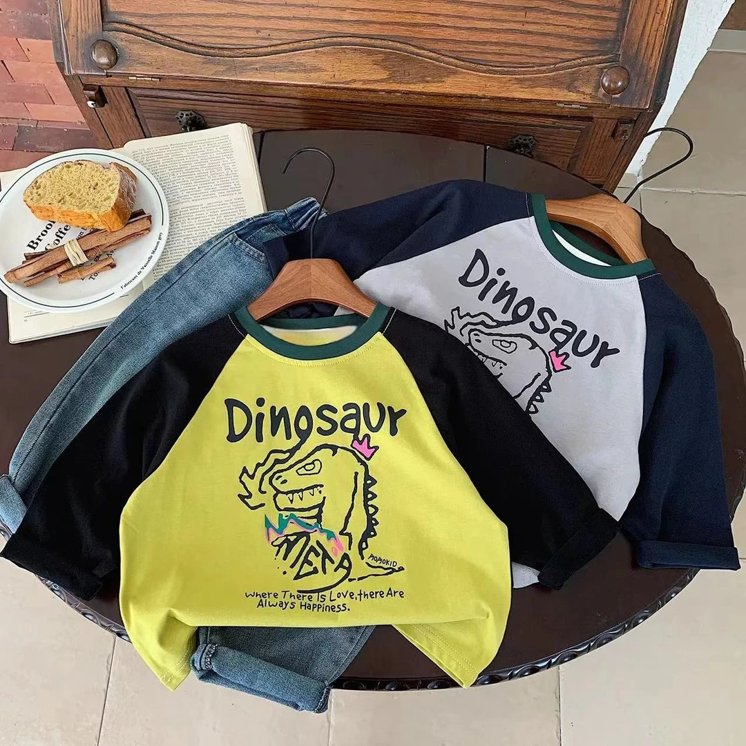 宝宝秋装上衣打底衫2024新款儿童长袖洋气插肩袖恐龙男童T恤痞帅