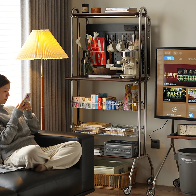 中古置物架实木移动收纳架厨房带电插座微波炉架黑胡桃木复古书架