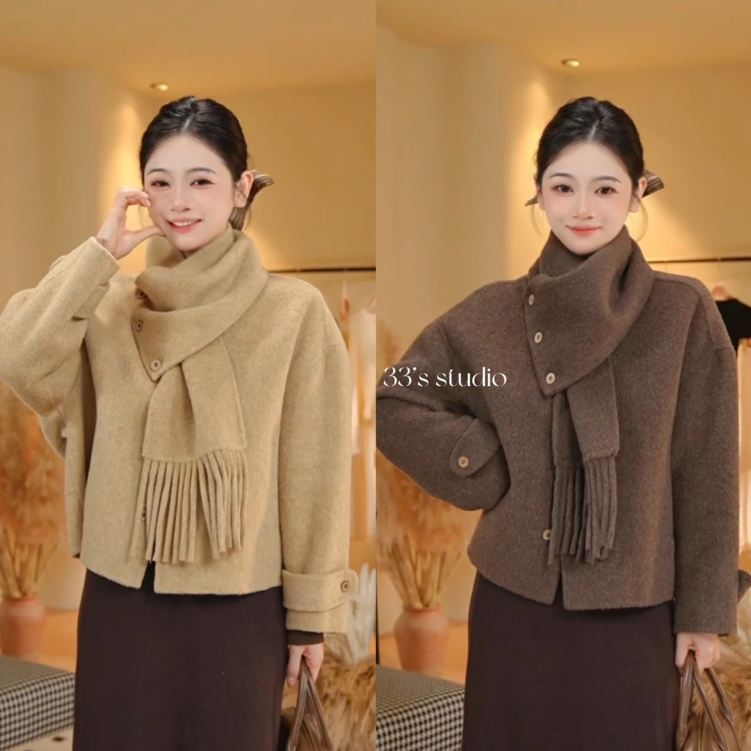 【秋冬推荐XJ-2866款欧韩范时尚围巾款短款小香风羊毛大衣