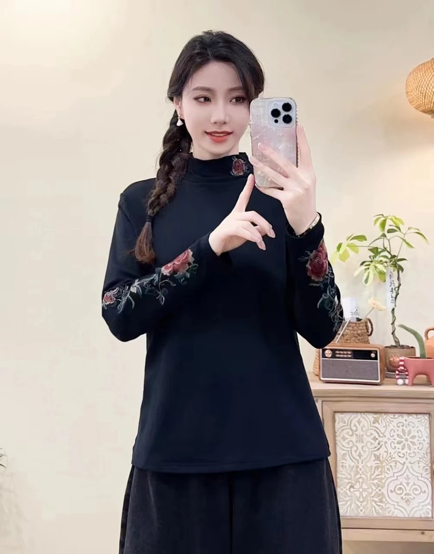 （苏楠原创）秋冬款中式国风长牡丹刺绣立领百搭加绒长袖打底衫T恤