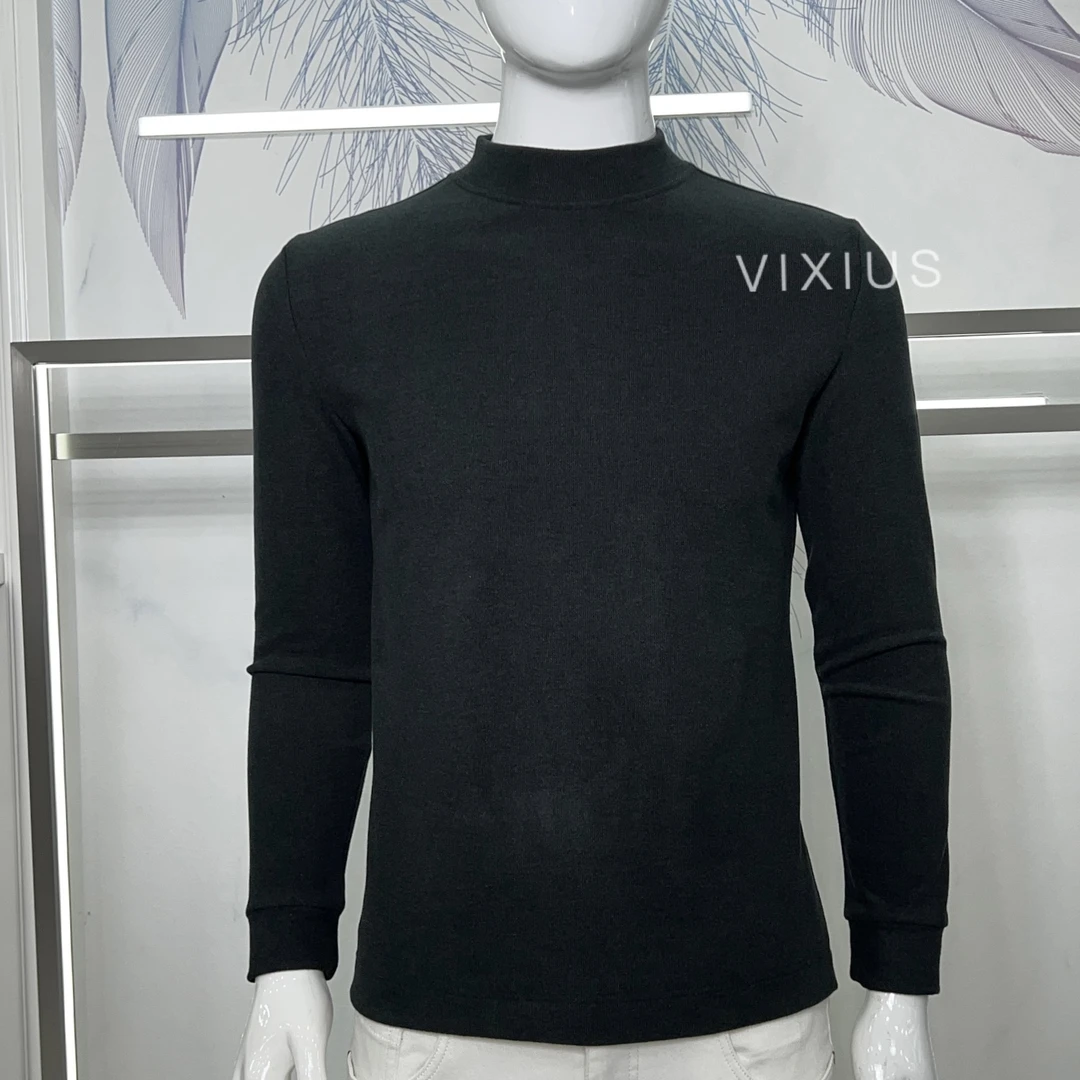 VIXIUS/维哲秋冬男士纯色保暖简约休闲长袖圆领半高领打底T恤#V91