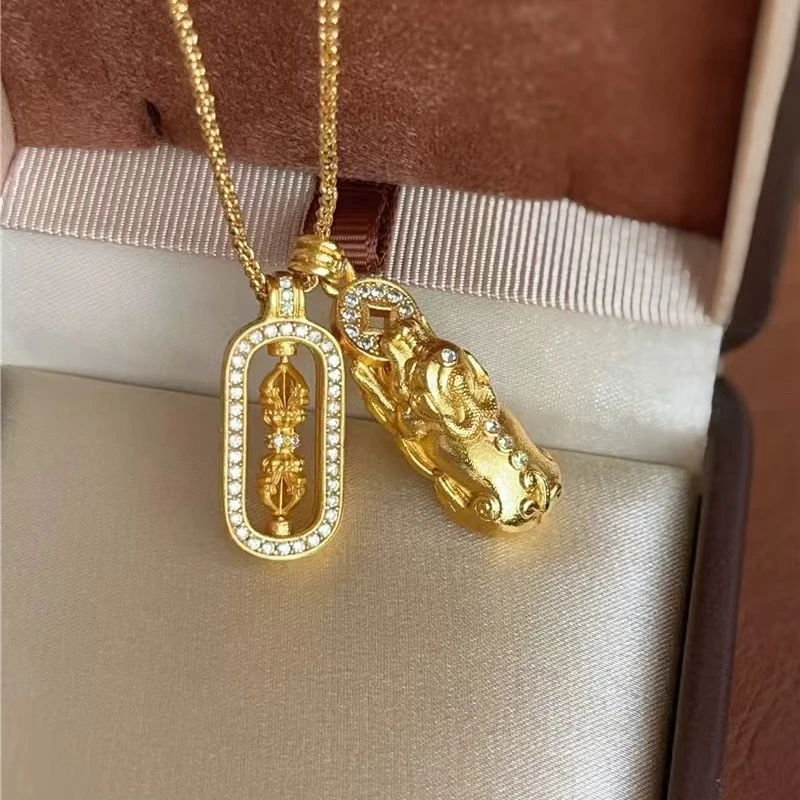 铜合金项链 新中式古法点钻转动金刚杵貔貅项链复古高级百搭