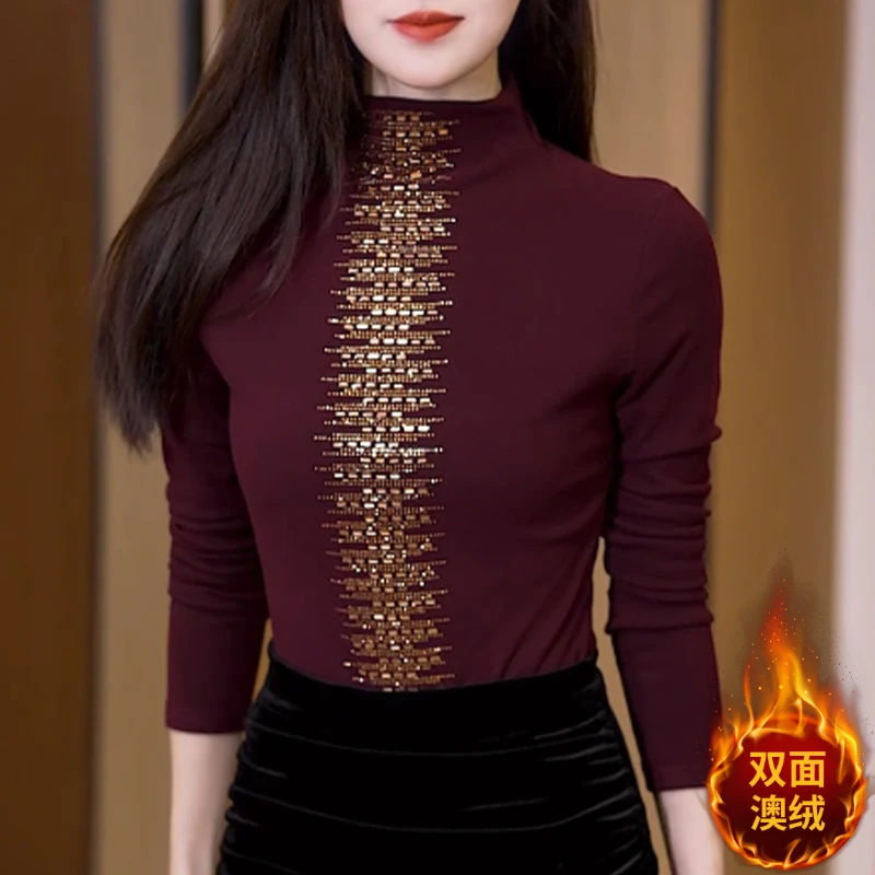 德绒半高领打底衫2024新款女秋冬保暖加绒长袖上衣百搭款洋气小衫