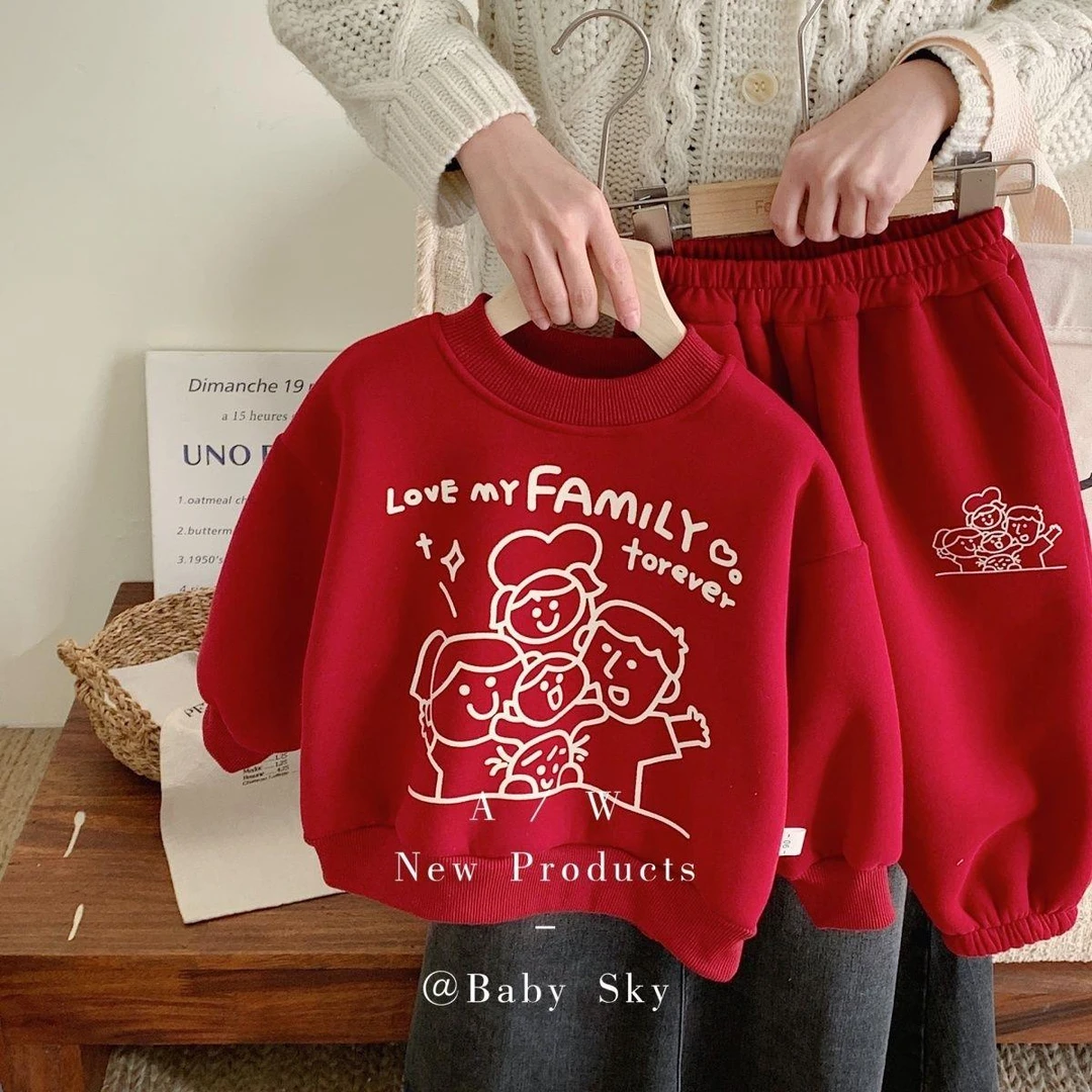 儿童新年套装冬加绒加厚上衣中国风拜年服宝宝过年红色春节两件套