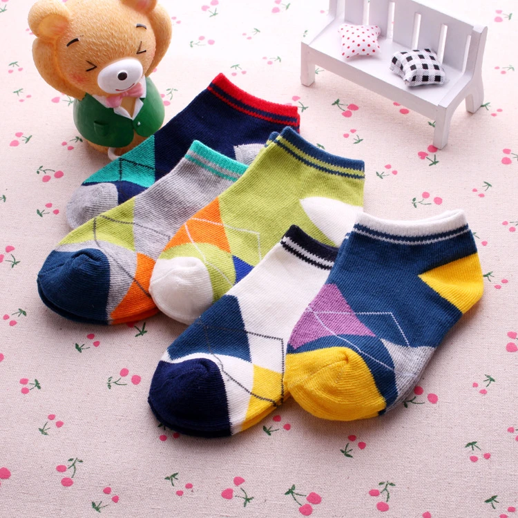 春夏新款儿童袜子菱格款式纯棉船袜精梳棉短袜风浅口隐形袜子