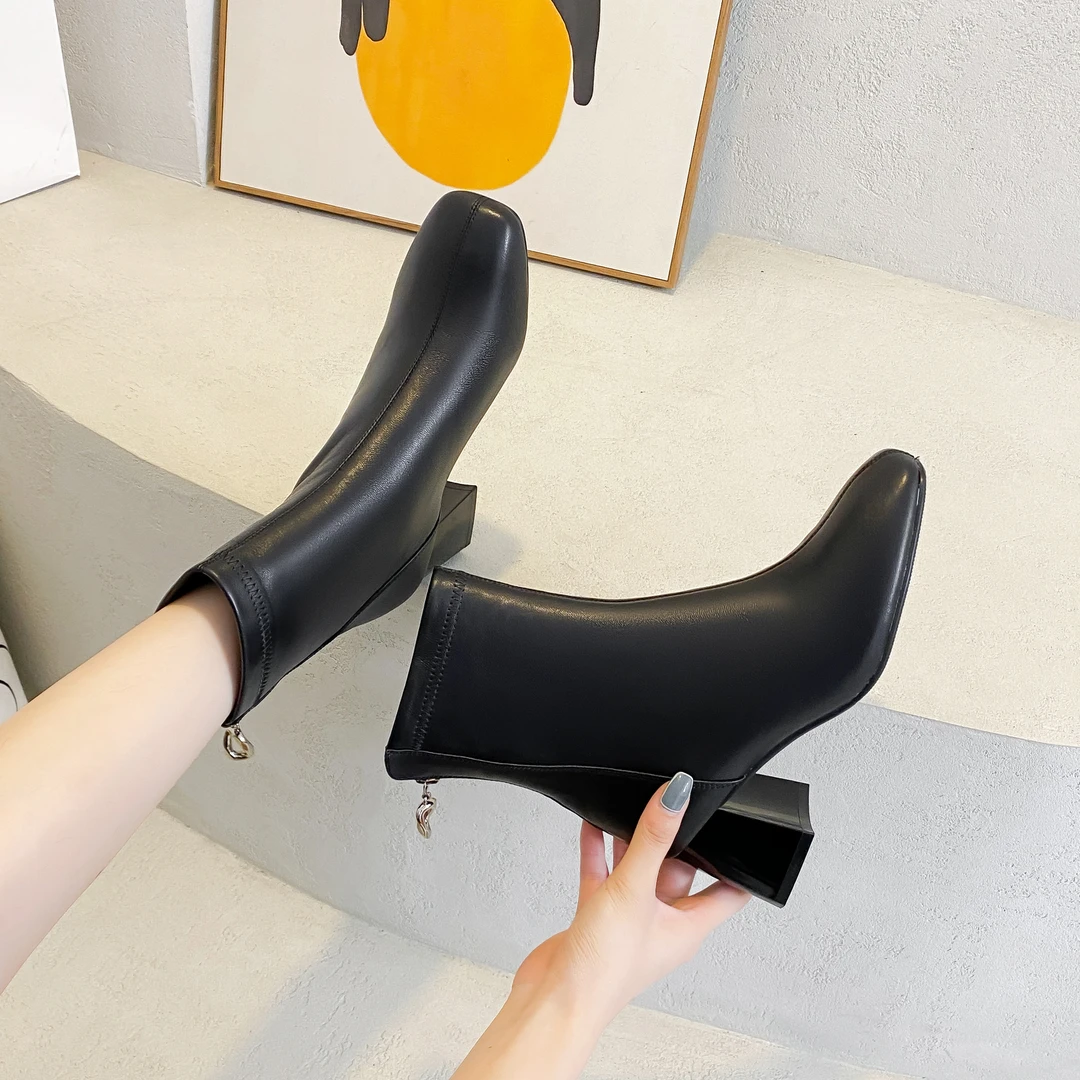 【欧鞋酷】1001-71  4cm~6cm粗跟加绒短靴女后拉链瘦瘦靴秋冬气质