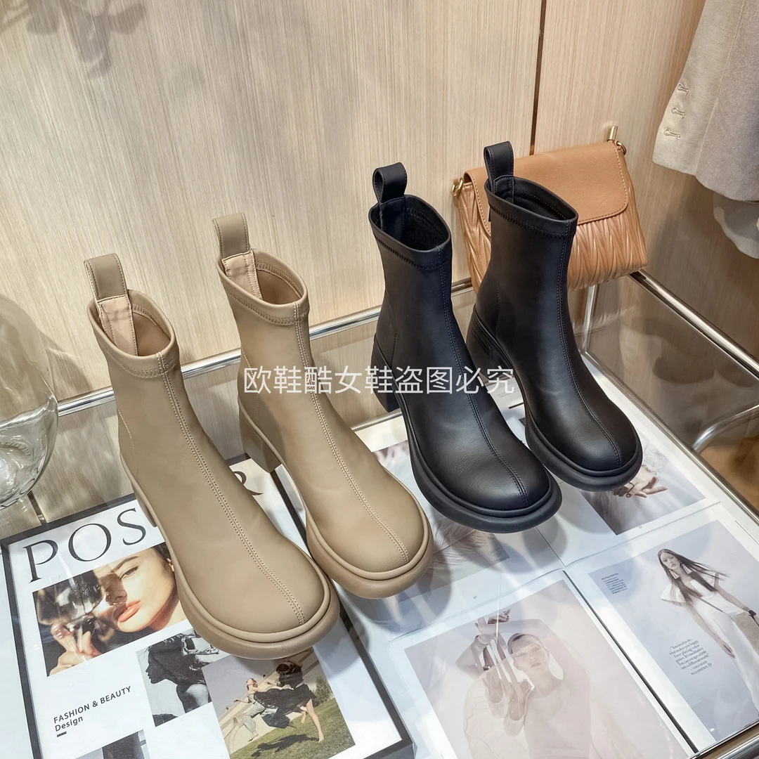 【欧鞋酷】A-827 2023冬季加绒圆头百搭英伦风厚底靴子时尚瘦瘦靴