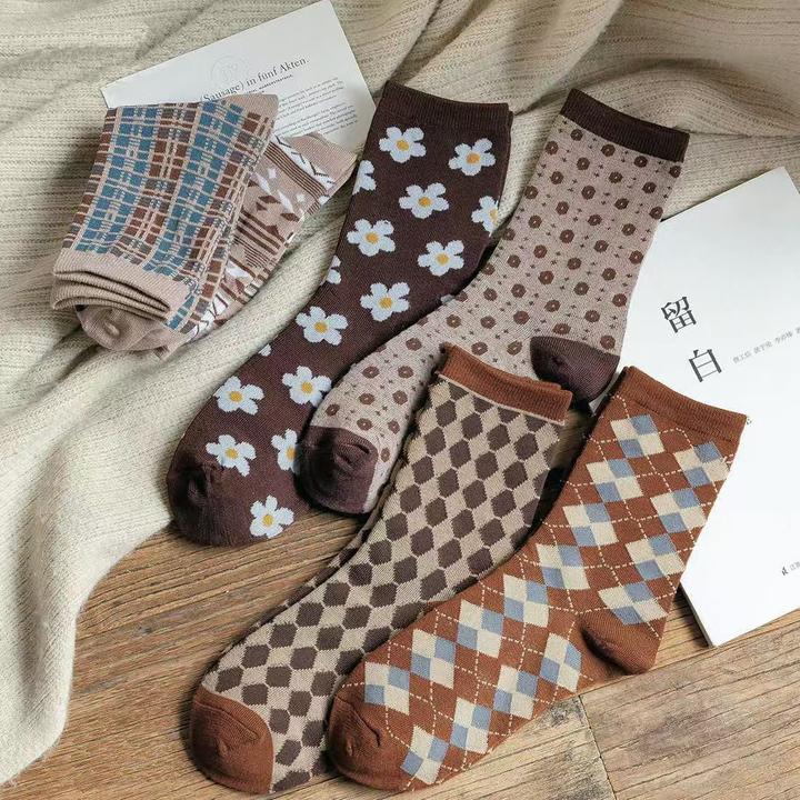 6双装秋冬爆款菱格棕色系ins潮袜复古保暖袜子