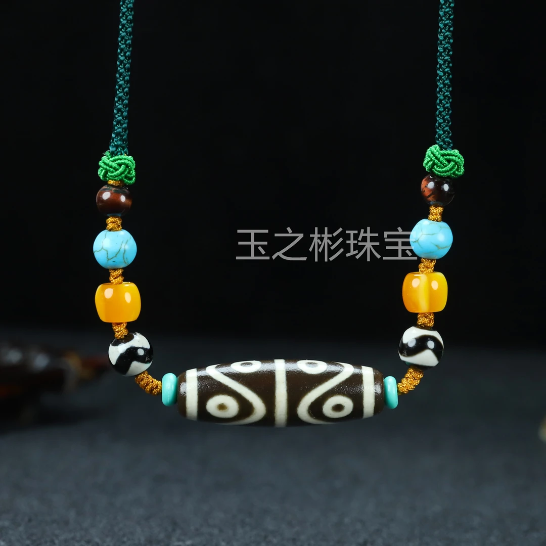 九眼天珠高油包浆水纹八眼珠项坠新款设计男女款民族风锁骨链