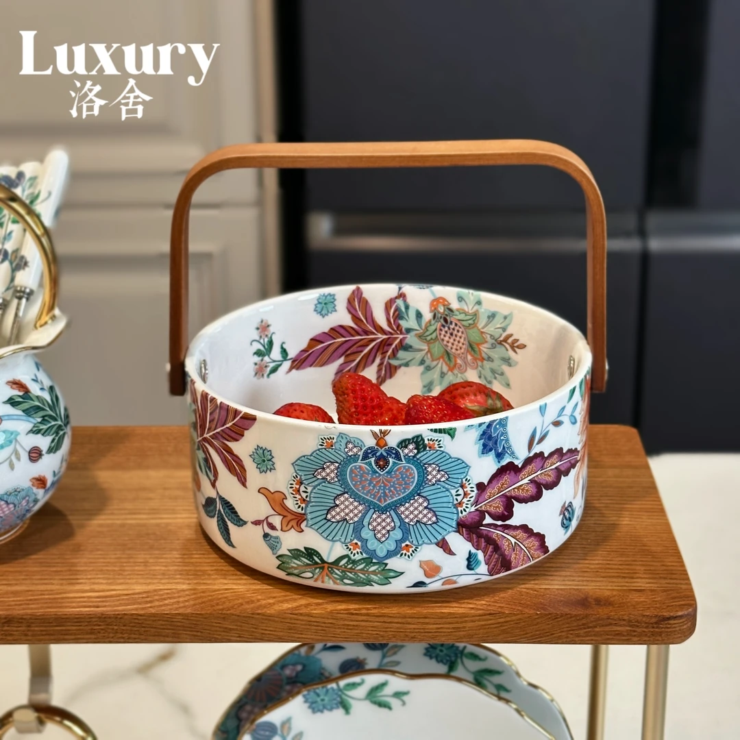 手提水果蓝中式陶瓷家用高档客厅茶几果盘便捷大容量糖果盒