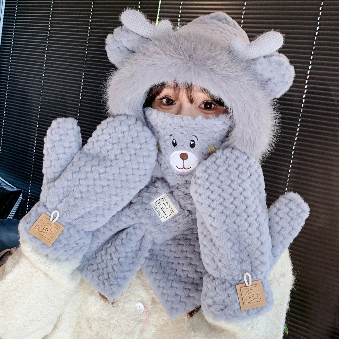 新款鹿角鹿宝耳帽子女秋冬季骑车保暖防寒毛绒围巾一体多件二件套