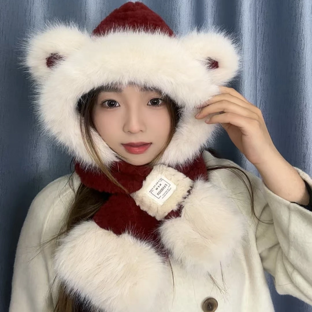 新款可爱小熊耳朵毛绒帽子女秋冬帽子围脖一体学生保暖防寒护耳