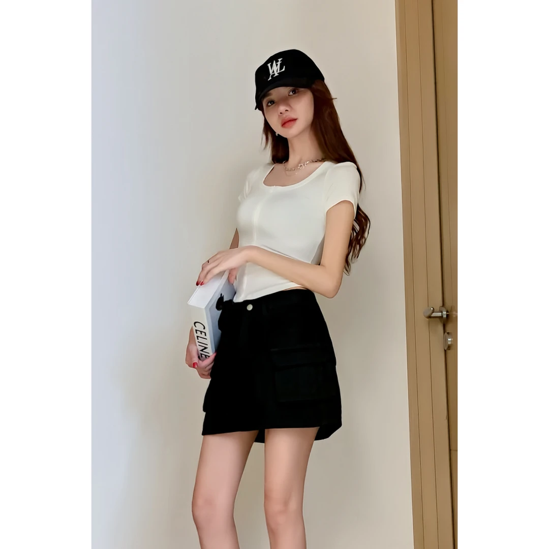 辣妹洋气半拉链低圆领短袖T恤女欧美弹力紧身短款显瘦打底衫ins